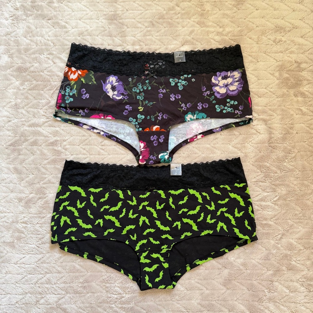 Torrid Boyshort Panties Set 2 Pack Floral & Green Bat Print Lace Trim Size 3 3X